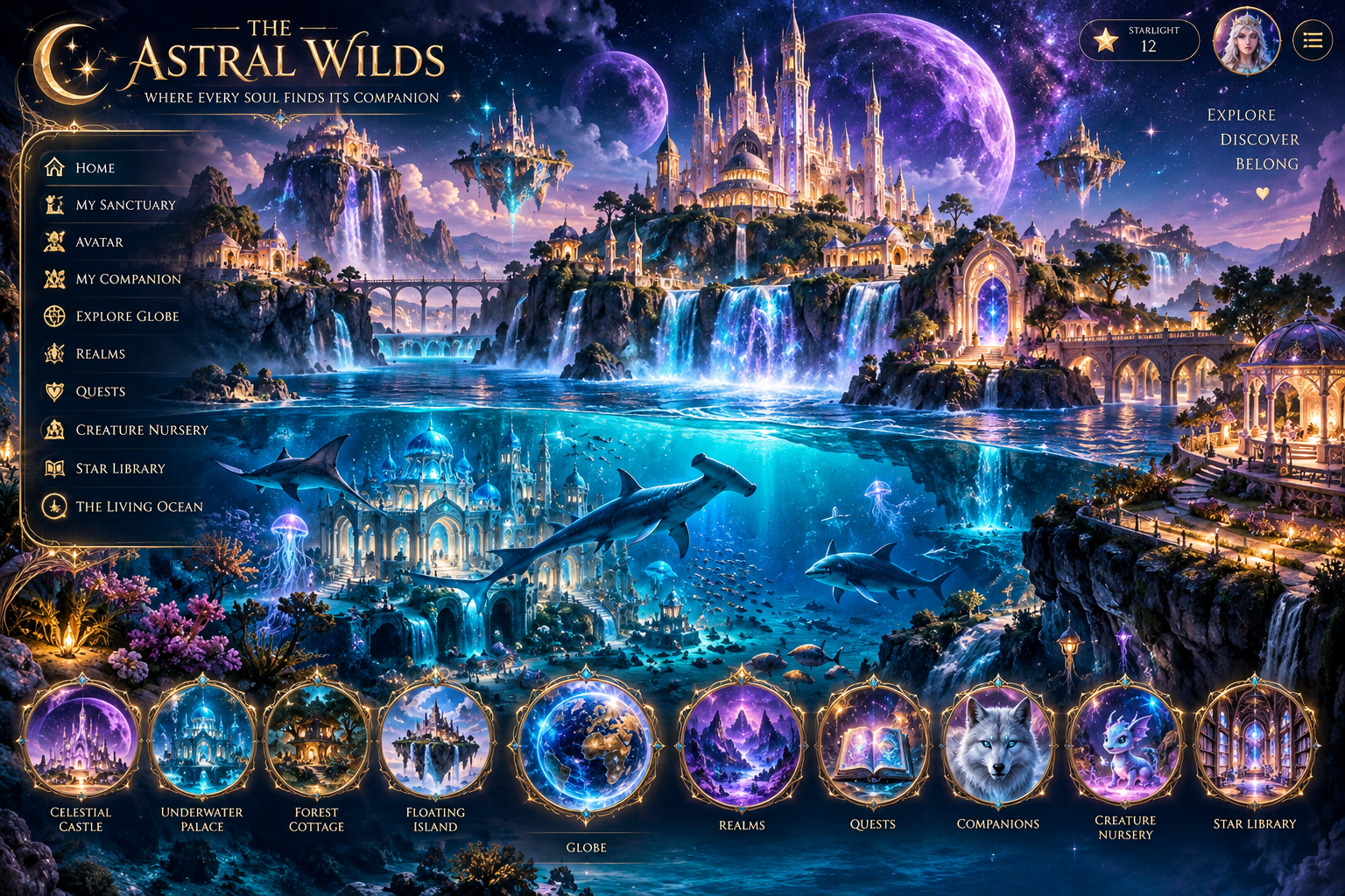 A magical world of starry castles, floating islands, turquoise oceans, hammerhead sharks, golden portals, and celestial moons